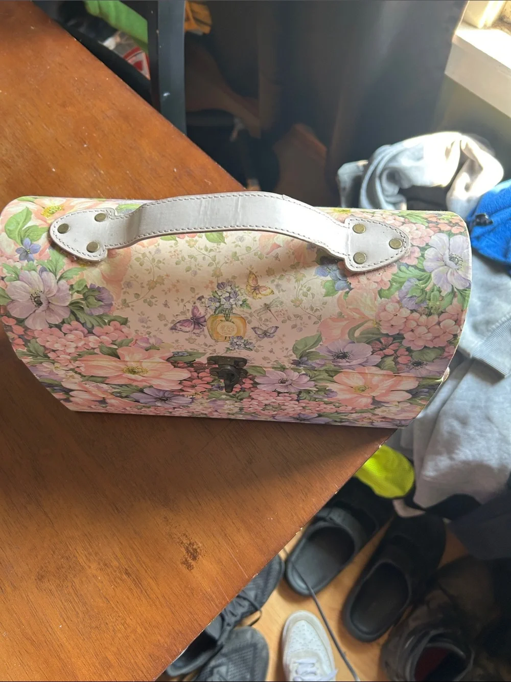 Floral Pink & Purple Decorative Storage Box with White Handle